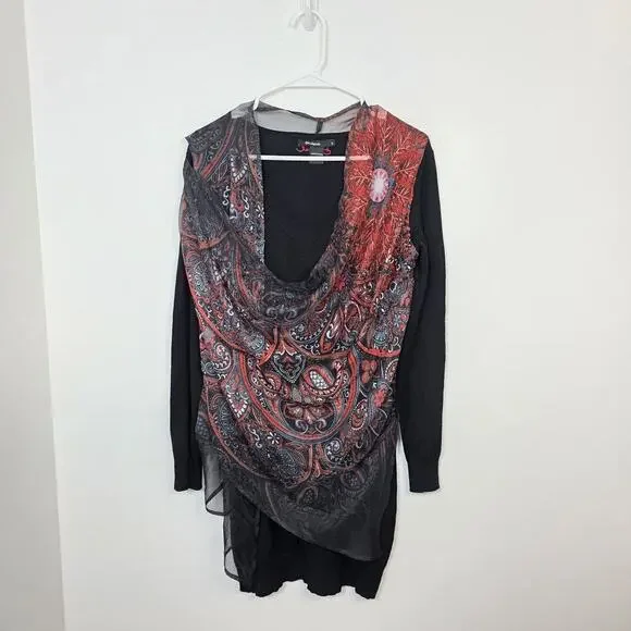 Desigual Black Red Paisley Scarf Overlay Bernard Long Sleeve Mini Dress Size S - Picture 3 of 6